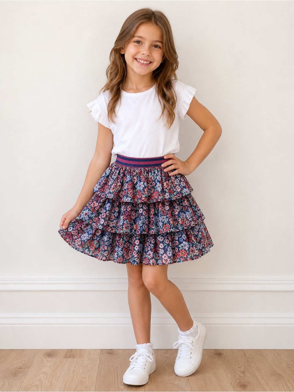 H&M Girls Floral Ruffle Skirt 6-8Y‎ Tiered Mini Lined Elastic Waist